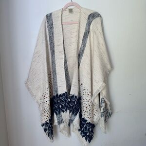 Anthropologie Embellished Knit Poncho Wrap | Boho Fringe Sweater Cape